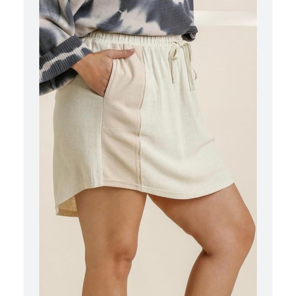 Umgee Linen Blend Skirt – Medium Oatmeal Elastic Waist Summer Coastal - Picture 3 of 9